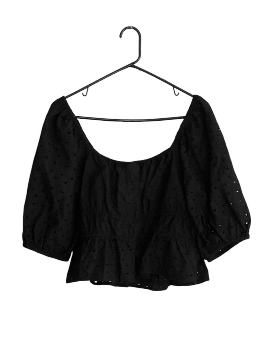 A New Day Top XL Puff Sleeve Eyelet Crop Black 100% Cotton Boho Summer