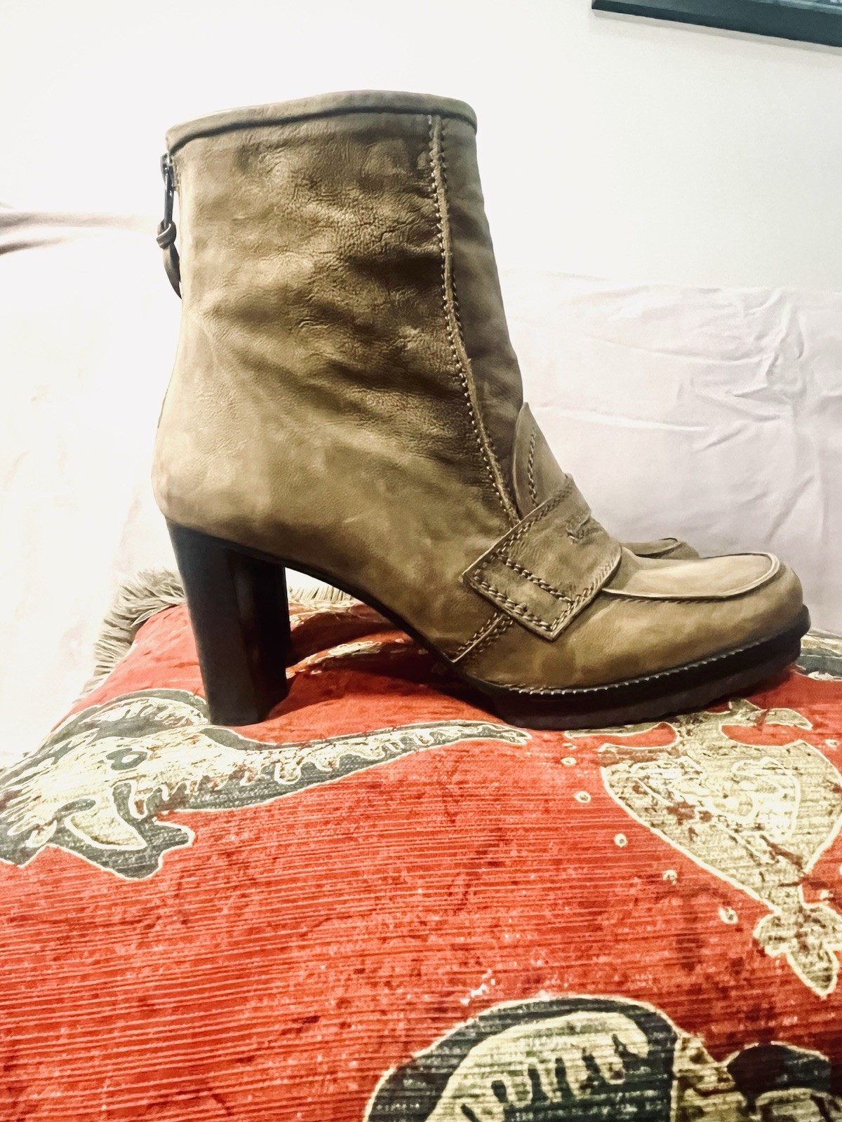 Stuart Weitzman Brown Leather Zip Ankle Boots Block Heel Square Toe Womens 8.5M