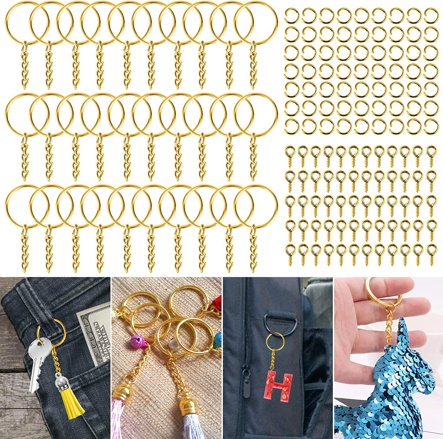 Keychain Rings Kit for Crafts Gold, PAXCOO Includes 100Pcs Split Key Ring with C