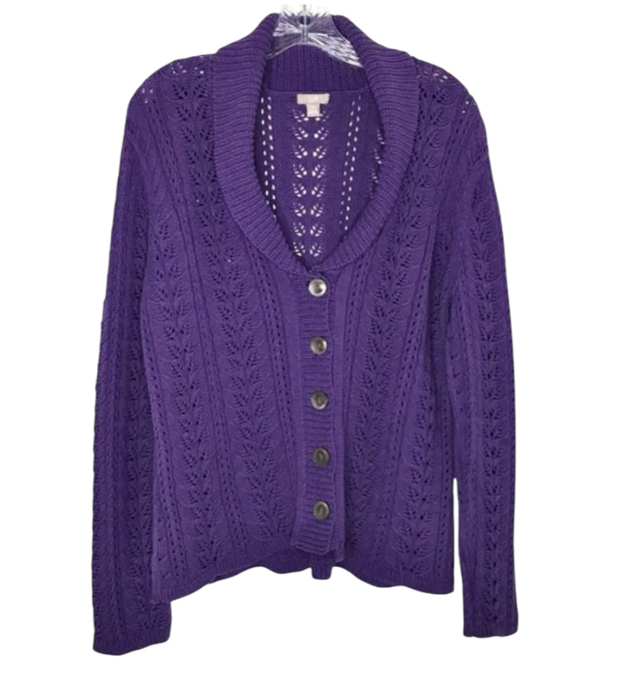J JILL Cable/Pointelle Knit PURPLE SWEATER CARDIGAN Cotton Blend V-Neck Chunky M