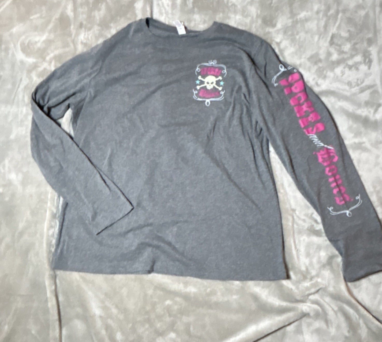 Bella + Canvas Gray, Long Sleeve, Skull Graphic, Biker, Women, XL