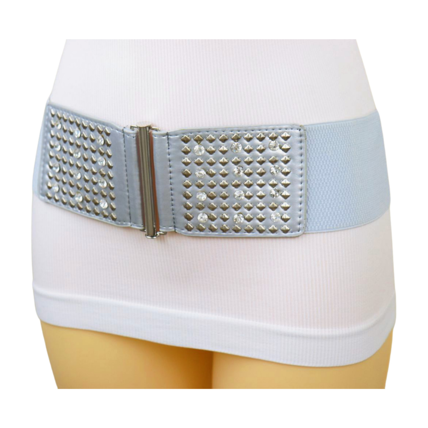 Women Silver Elastic Wide Waistband Fashion Teen Style Belt Metal Studs Fit S M