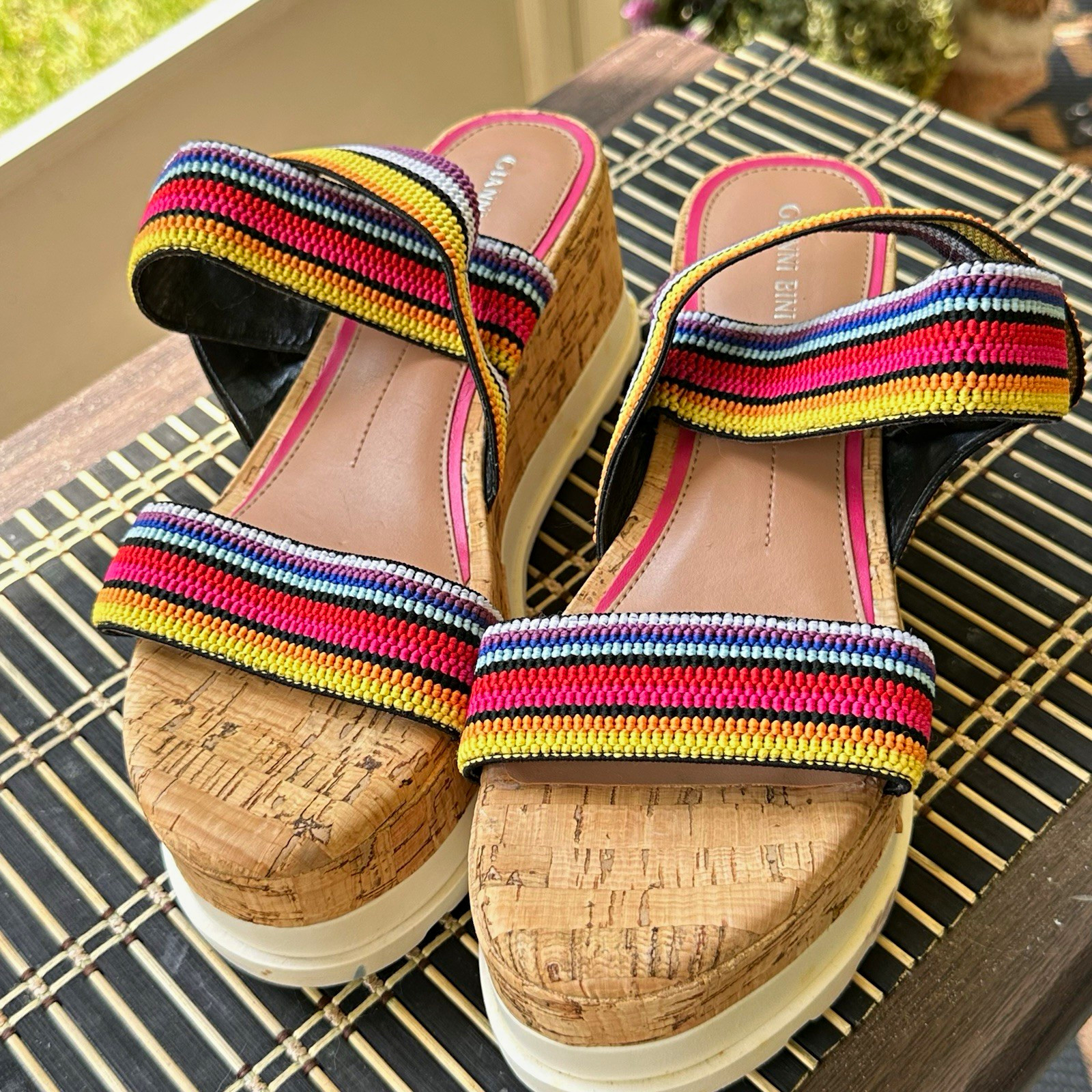 Gianni Bini Multicolor Striped Wedge Slide Sandals Slip On Cork-Look Women’s 9