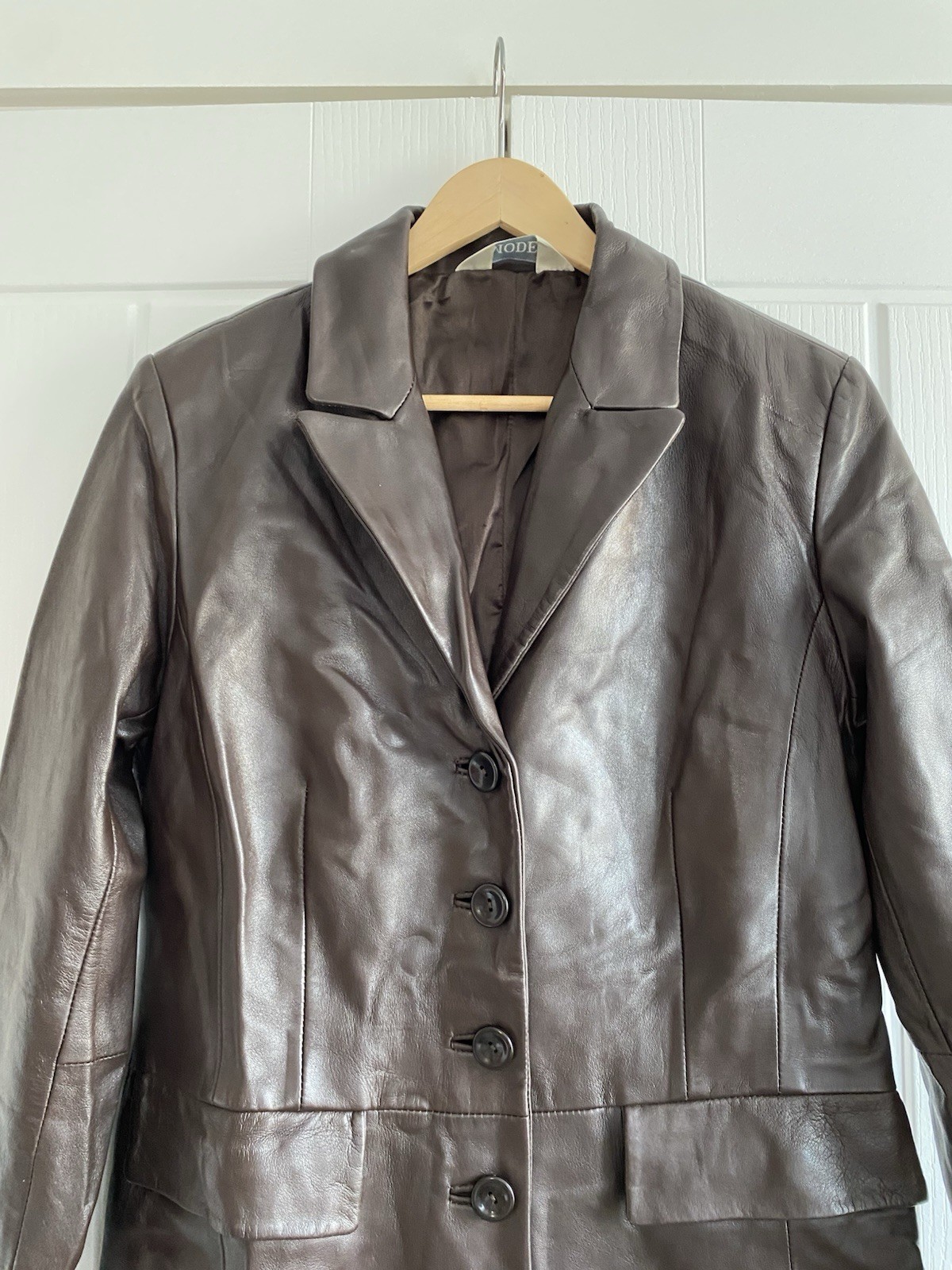 Mode Vintage Ladies Brown Leather Longline Jacket UK 10