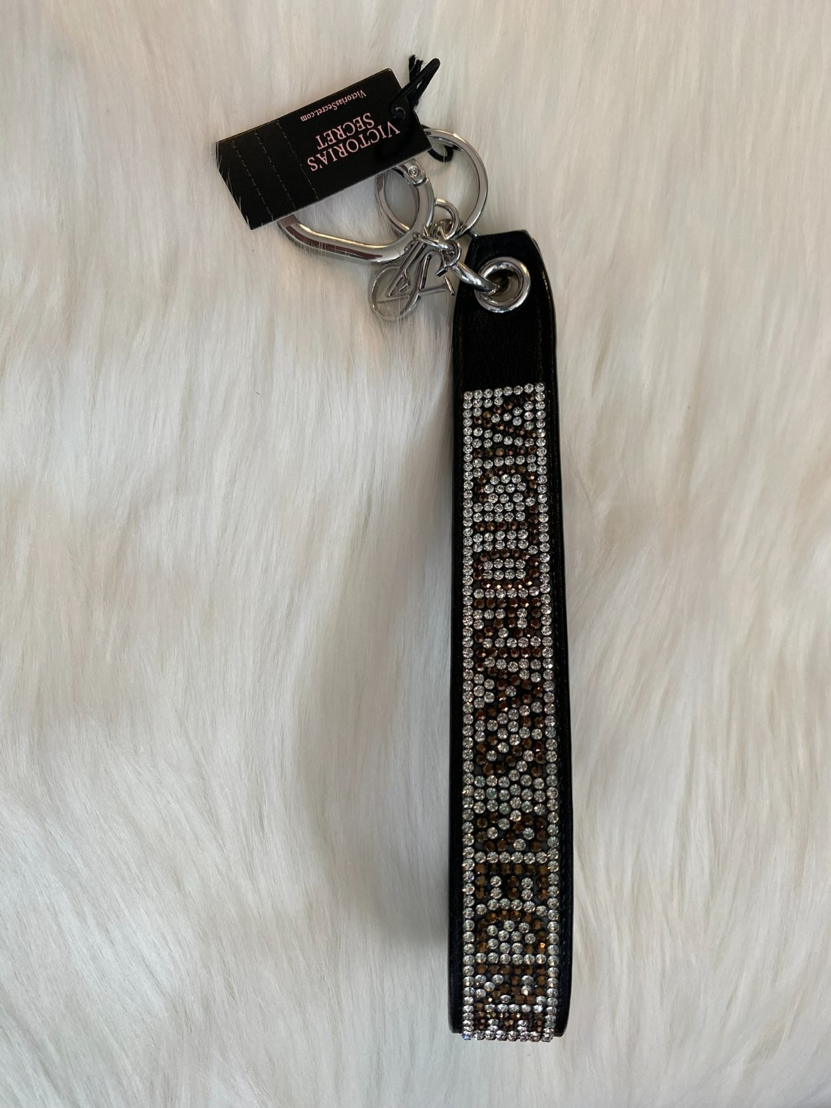 VICTORIA’S SECRET Slim Rhinestone Shine Sparkle Wristlet Keychain in Black Logo