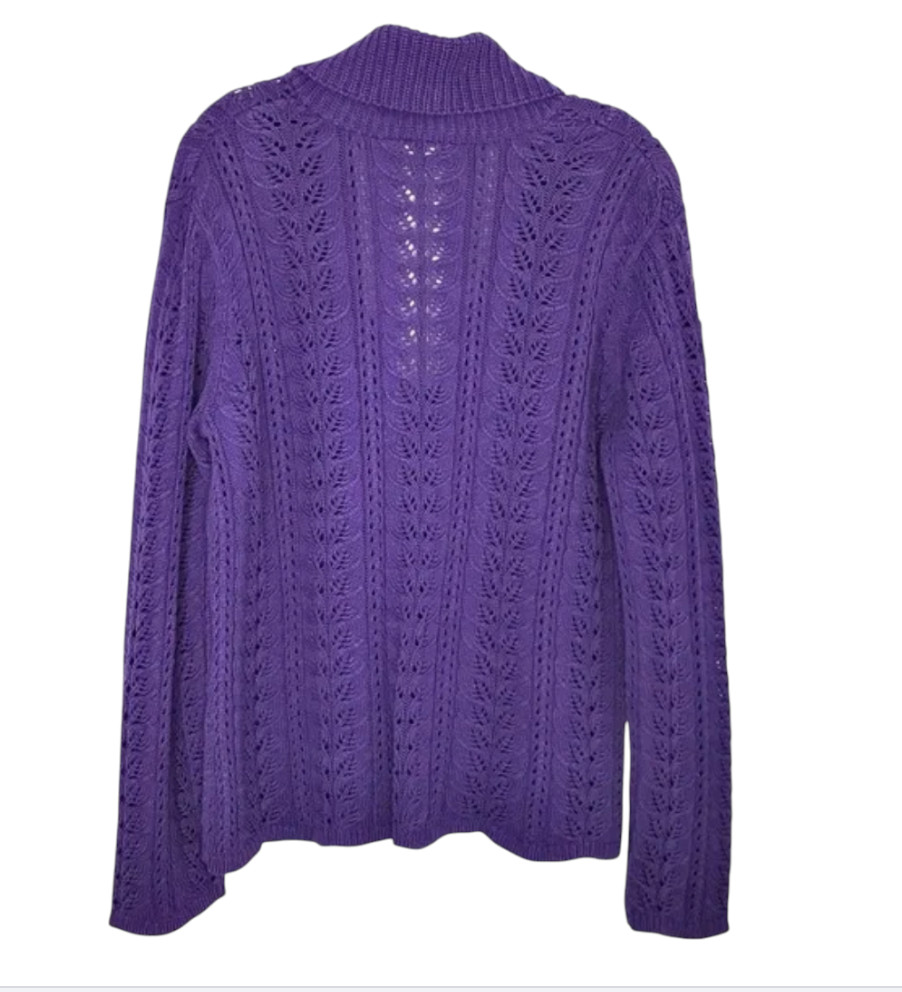J JILL Cable/Pointelle Knit PURPLE SWEATER CARDIGAN Cotton Blend V-Neck Chunky M