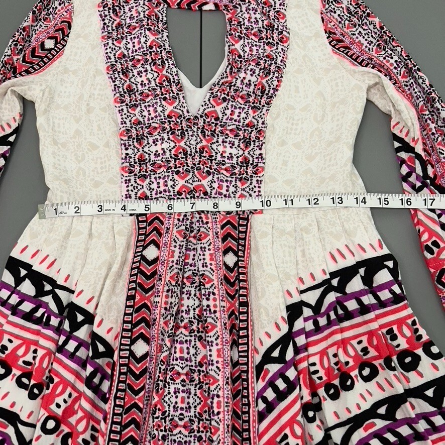 Free People Dress Women Dress 4 Pink Tegan Mini Dress V Neck Long Sleeve Boho