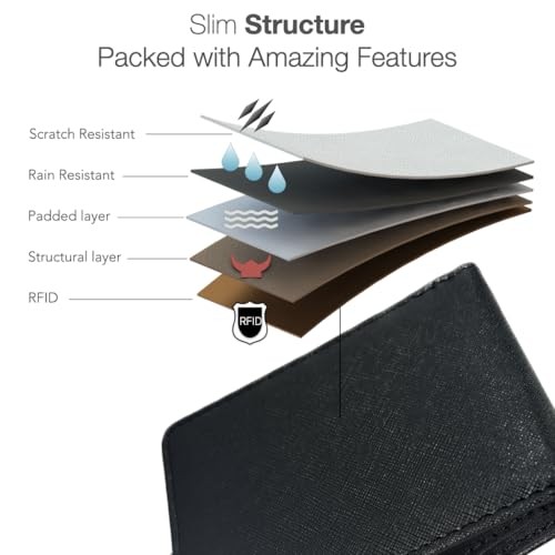 RFID Blocking Full Size Bifold Wallet with 8 Card Slots, Faux Leather Jet Black