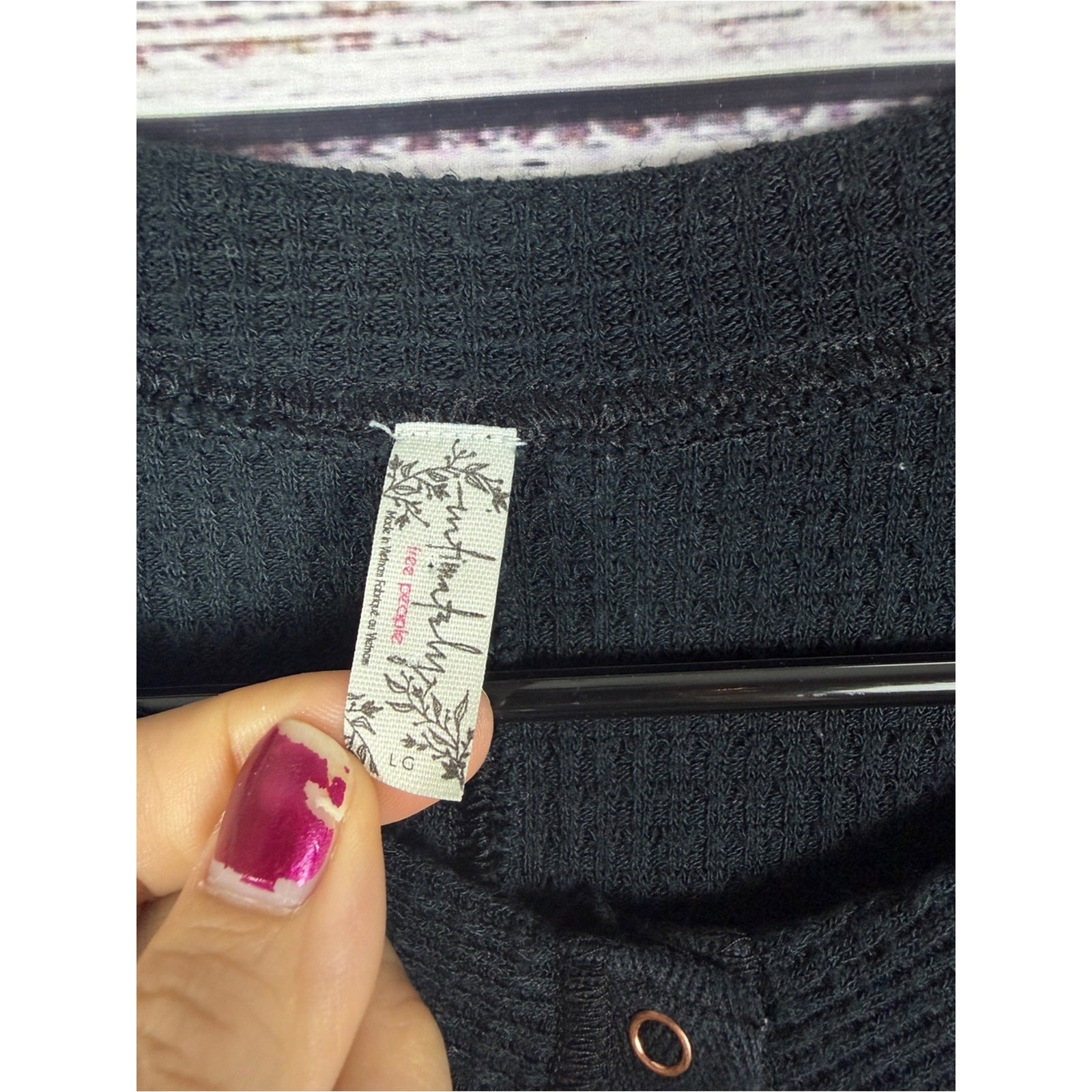 Free People Intimately Waffle Knit Snap Front Cardigan Top Black L