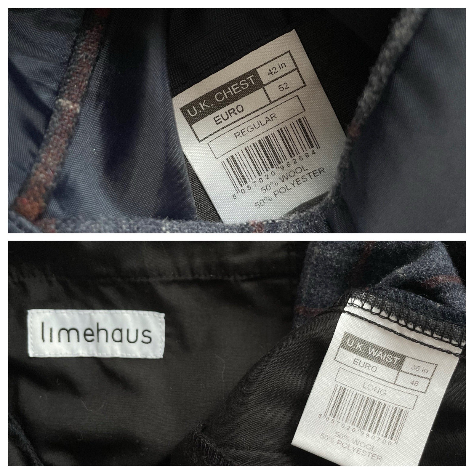 LIMEHAUS WOOL BLEND SUIT – SIZE 42R W36 – GREY CHECK – PLAID
