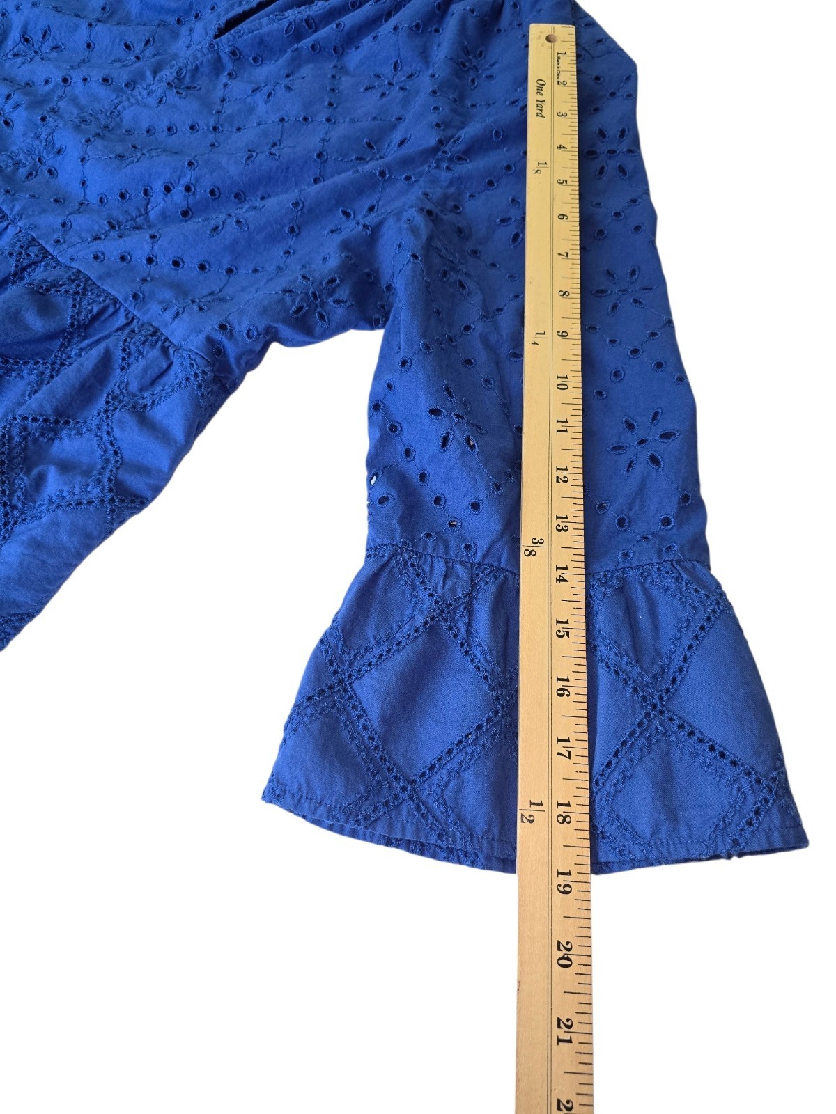 J Jill Eyelet Ruffle Smocked Amalfi Midi Dress L Blue Coastal Boho Lined Pkts