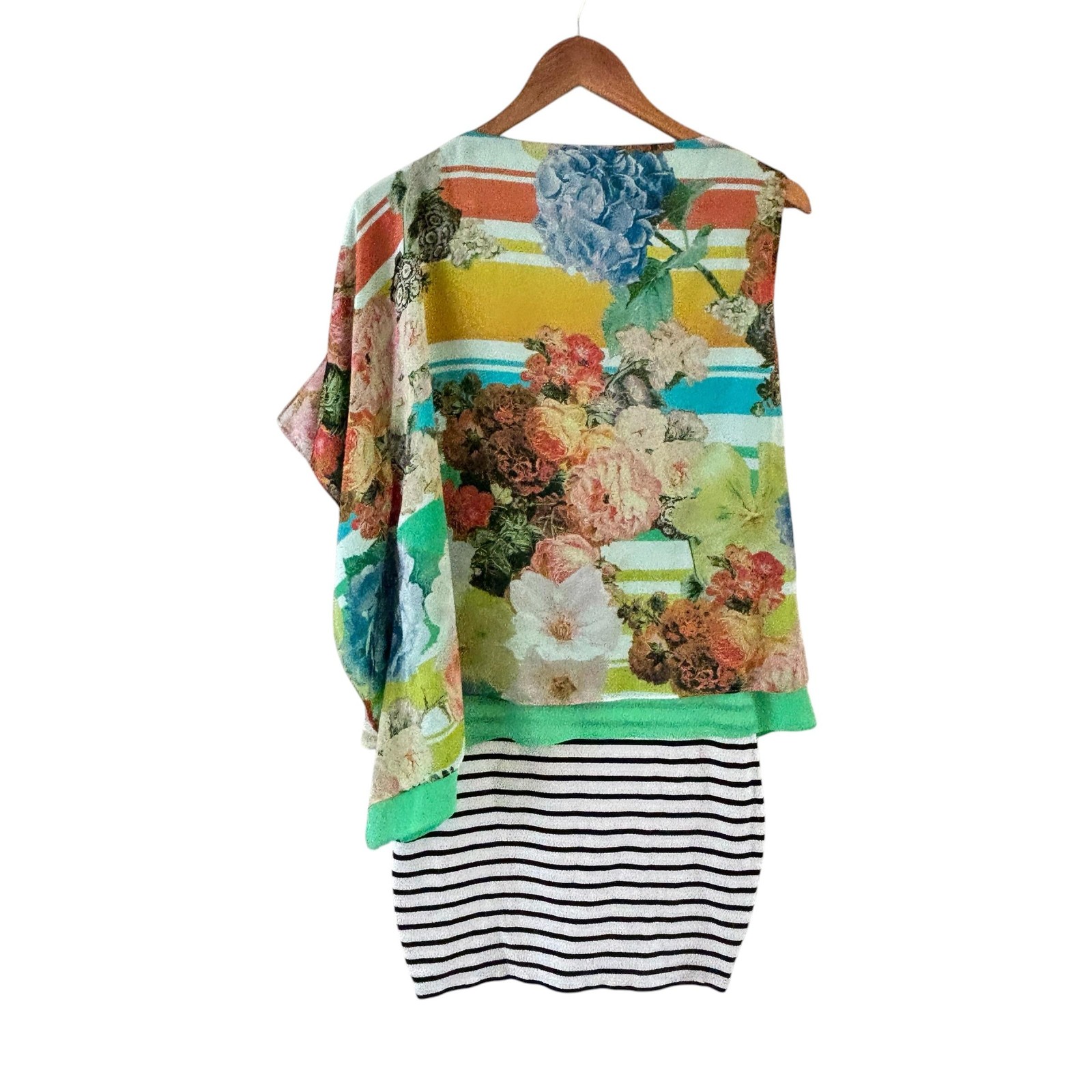 Alberto Makali Mixed Media Sheath Tunic Top Womens S Asymmetric Layered Floral