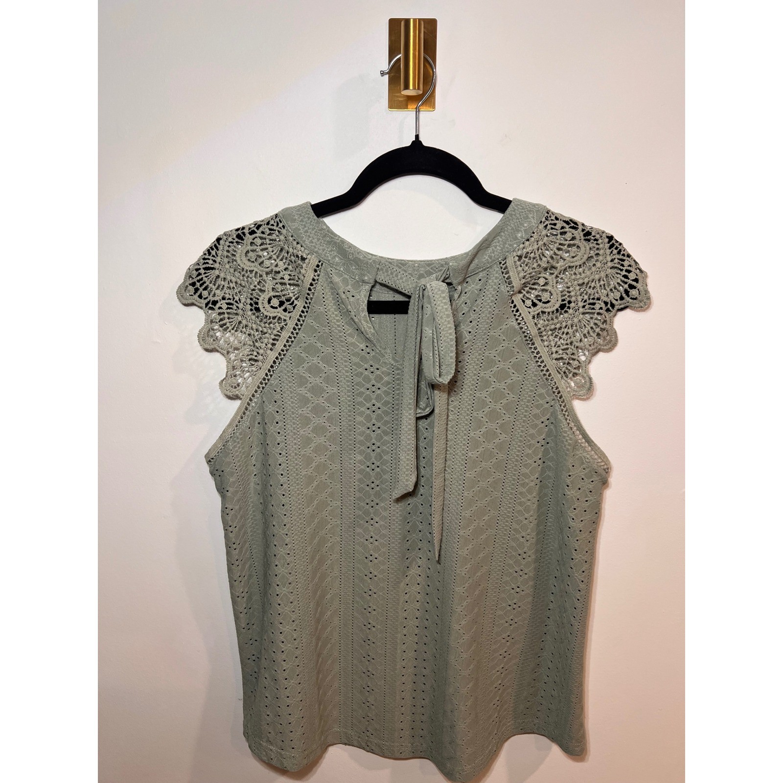 Boho Crochet Lace Trim Sage Green Cap Sleeve Top- Large