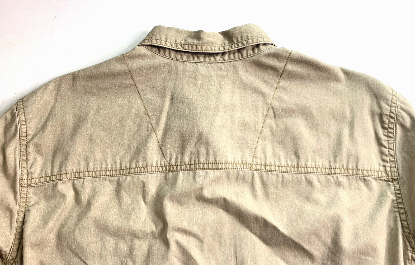 LL Bean Signature Men L Khaki Shirt Work Hunt Quilted Shoulder Slim Fit Safari