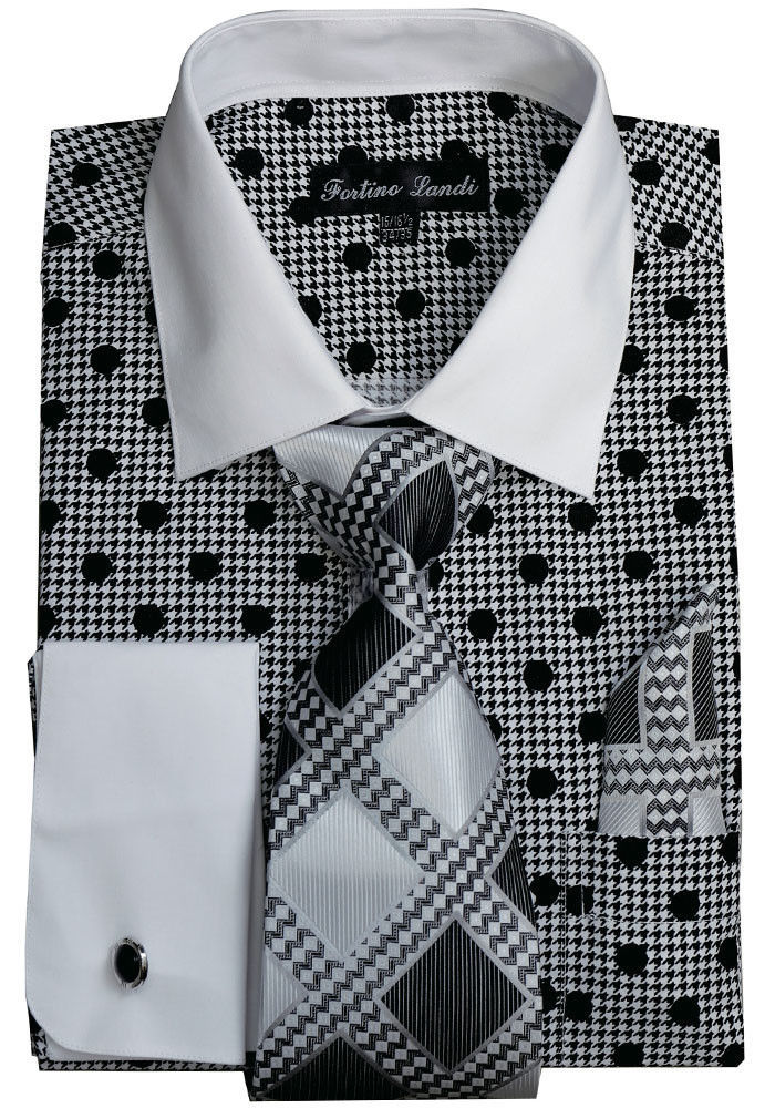 Men’s Fashion Dress Shirt Polka Dot Design French Cuff Links Tie&Hanky FL632