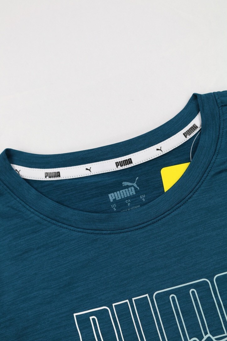 PUMA Womens Short Sleeve Logo Tee Lightweight Blue S Spell Out Logo Crew Neck