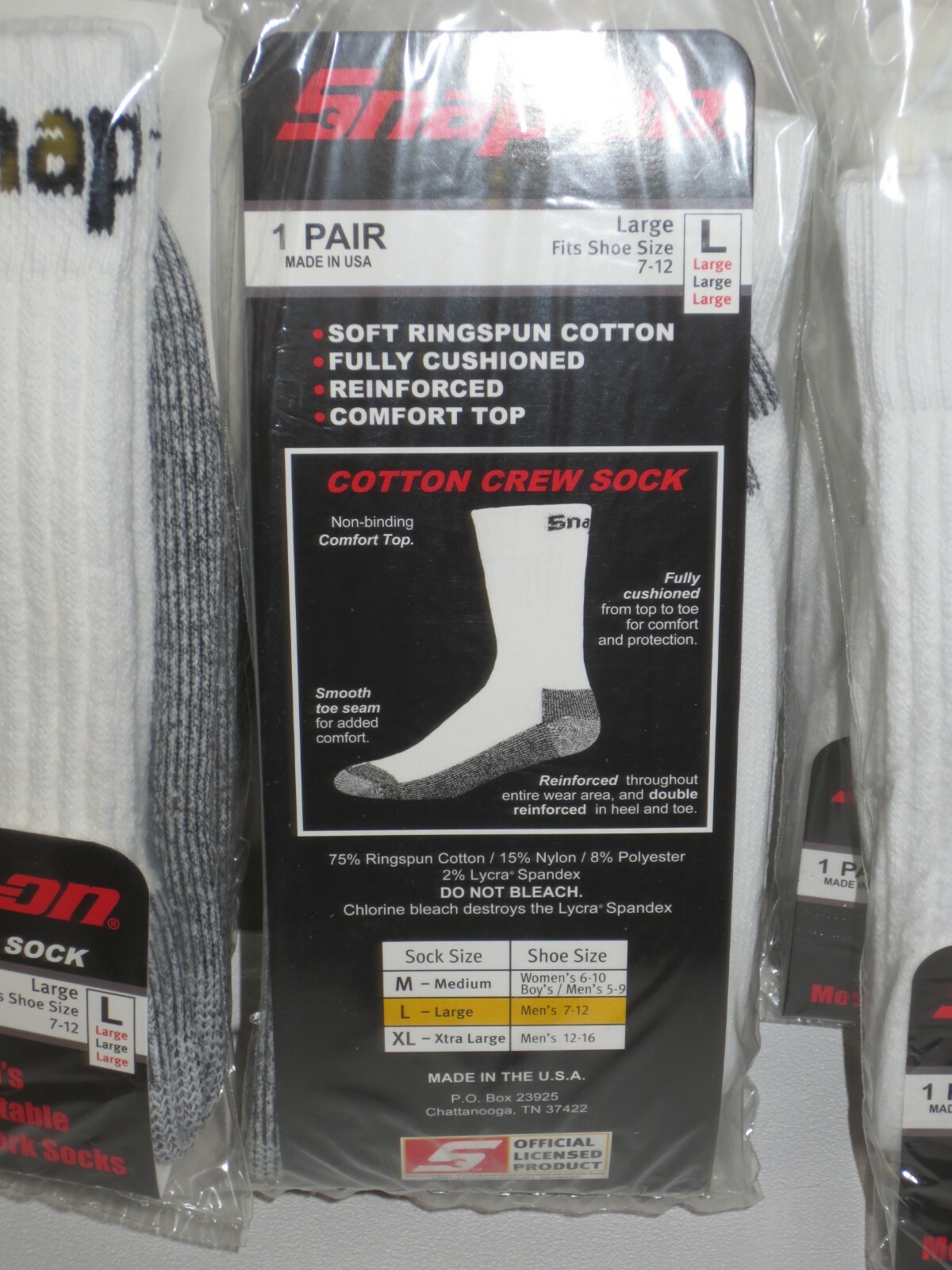 6 PAIRS Snap-On CREW Socks Men’s WHITE LARGE ~ FREE SHIPPING ~ MADE IN USA *NEW*