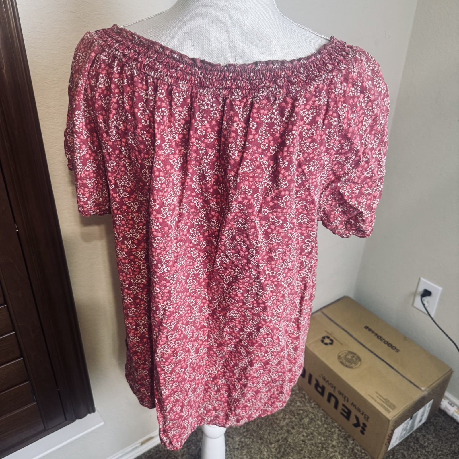 Vintage Y2K Faded Glory Top Blouse L Red Floral Peasant Prairie Cottagecore Boho