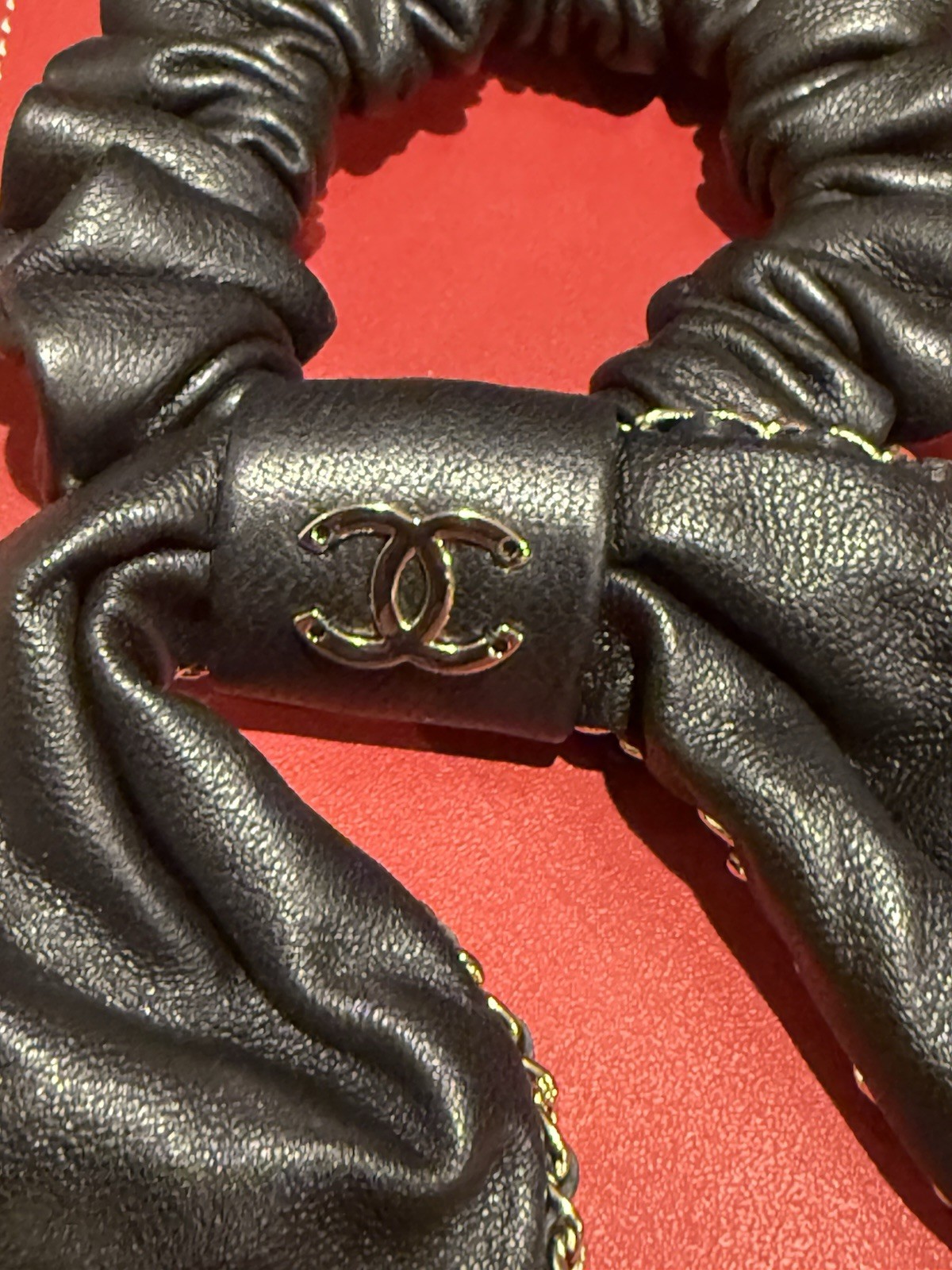 CHANEL AA8258 Ribbon Bow CC Logo Chain Scrunchie Lambskin, Black Hair Accessory