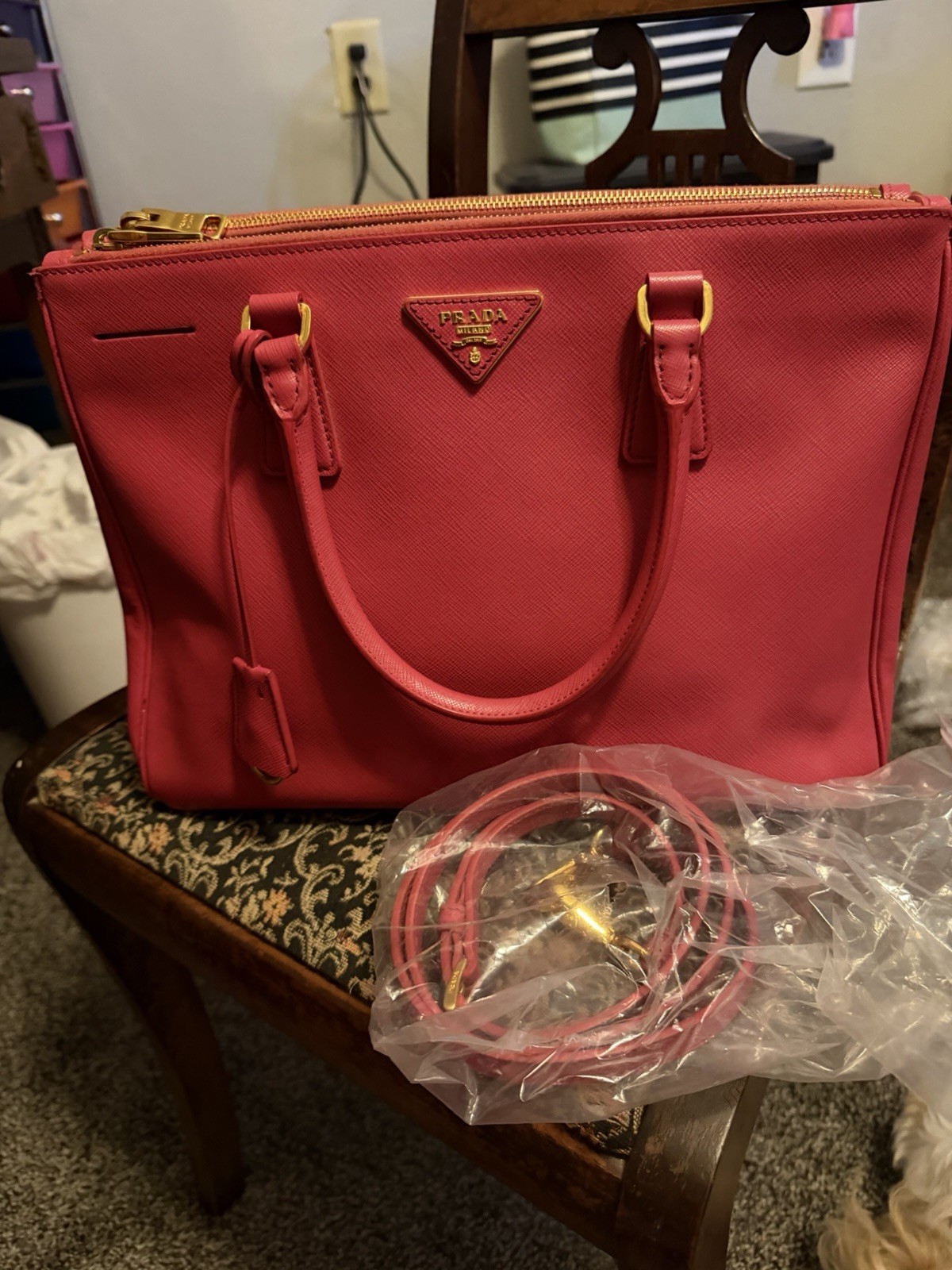 PRADA Pink Saffiano Satchel Top Handle Bag Zip, Detachable Strap, Gold
