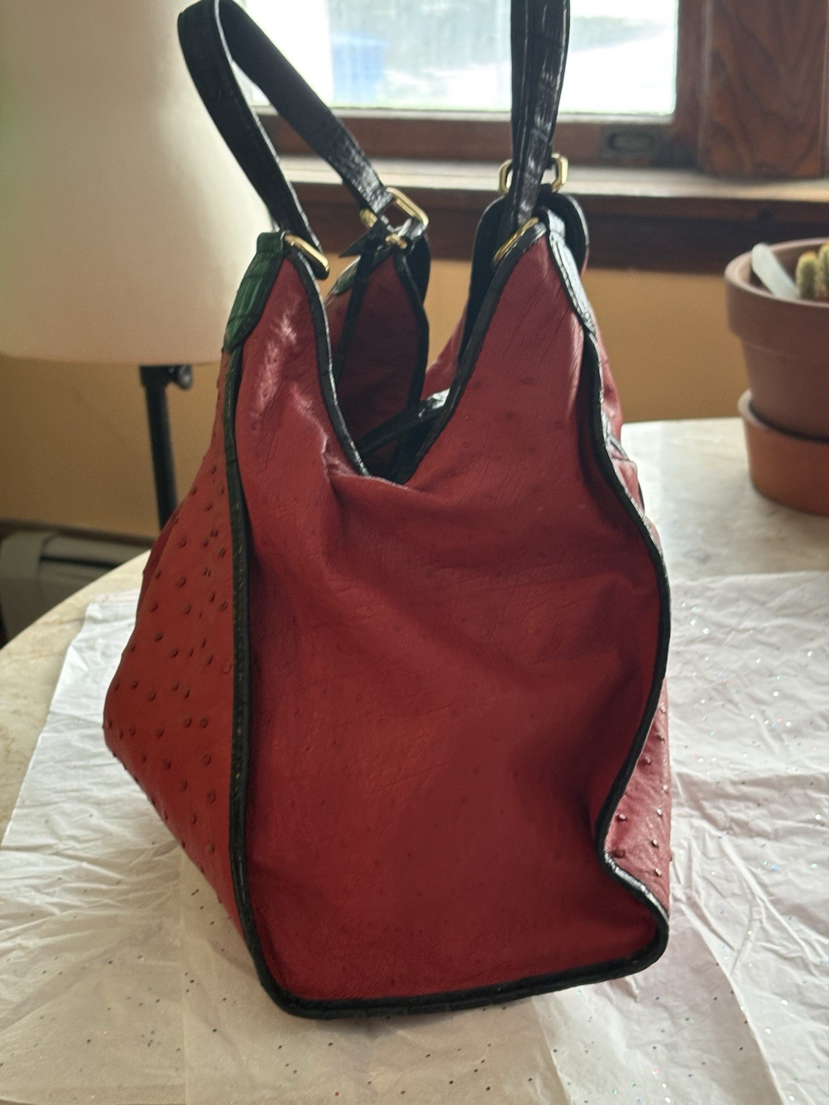 Red Ostrich Crocodile Satchel Handbag, Black Alligator Trim – Custom Made in USA