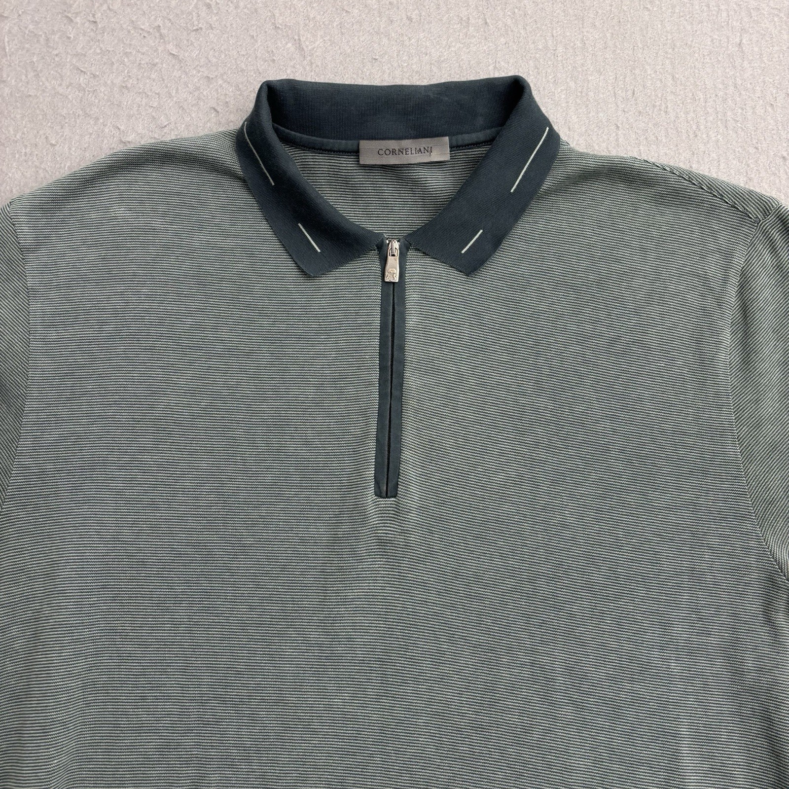 Corneliani Quarter Zip Polo Mens 54 Large Green Cotton Jacquard Pullover Italy