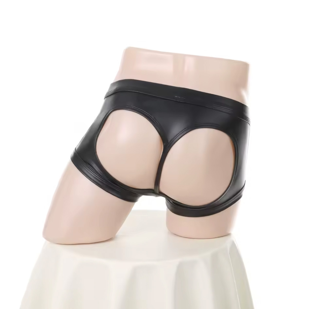 Femboy Black PU Leather Boxer Briefs with Cheeky Buttocks Cutouts