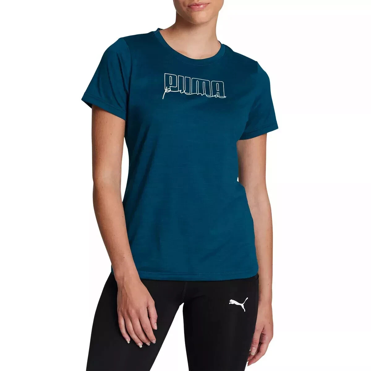 PUMA Womens Short Sleeve Logo Tee Lightweight Blue S Spell Out Logo Crew Neck