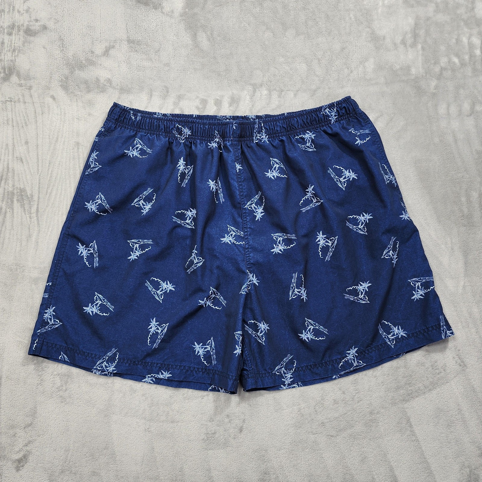 Sand N Sun Swim Trunks Mens 2XL Blue Palm Tree Hawaiian Lined Elastic Waist Surf