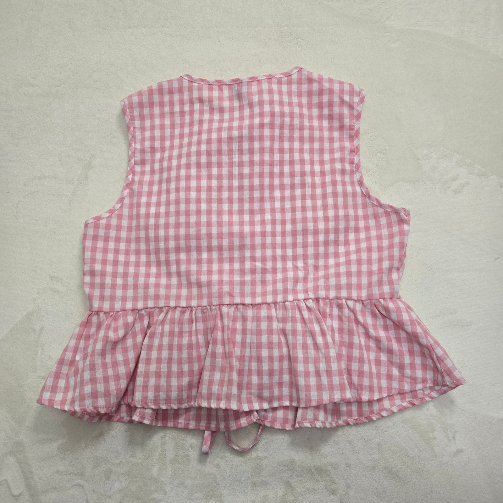 Pink Gingham Tie Front Peplum Sleeveless Top Vest Large Coquette Cottagecore