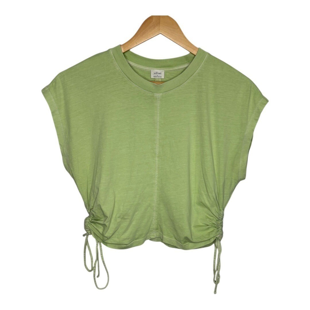 Wilfred Aritzia Ruched Side Tie Top Womens Size S Lime Green Ribbed Cap Sleeve