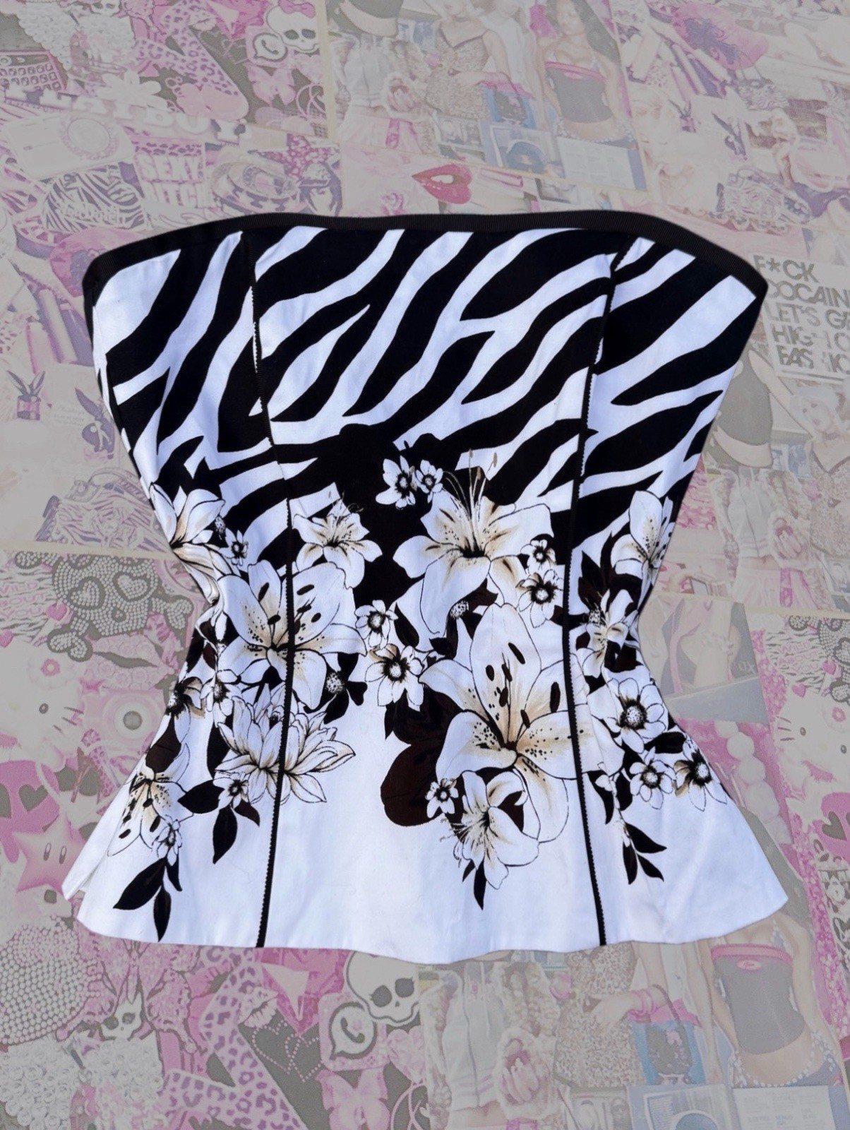 Y2K Zebra Floral Corset Tube Top | White House Black Market 00 McBling Coquette
