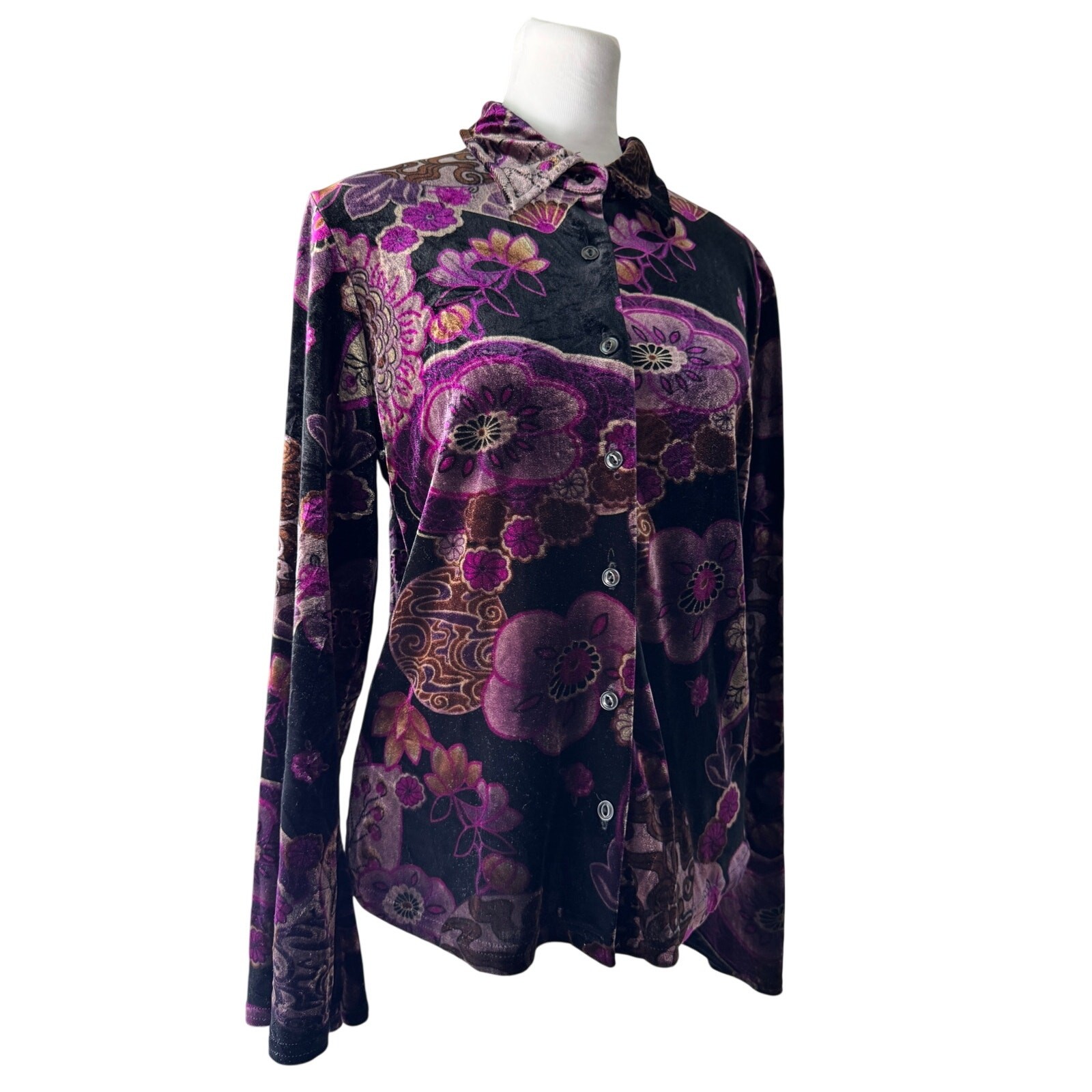 Vintage Y2K New York City Design Co. Black & Purple Velvet Button Front Blouse