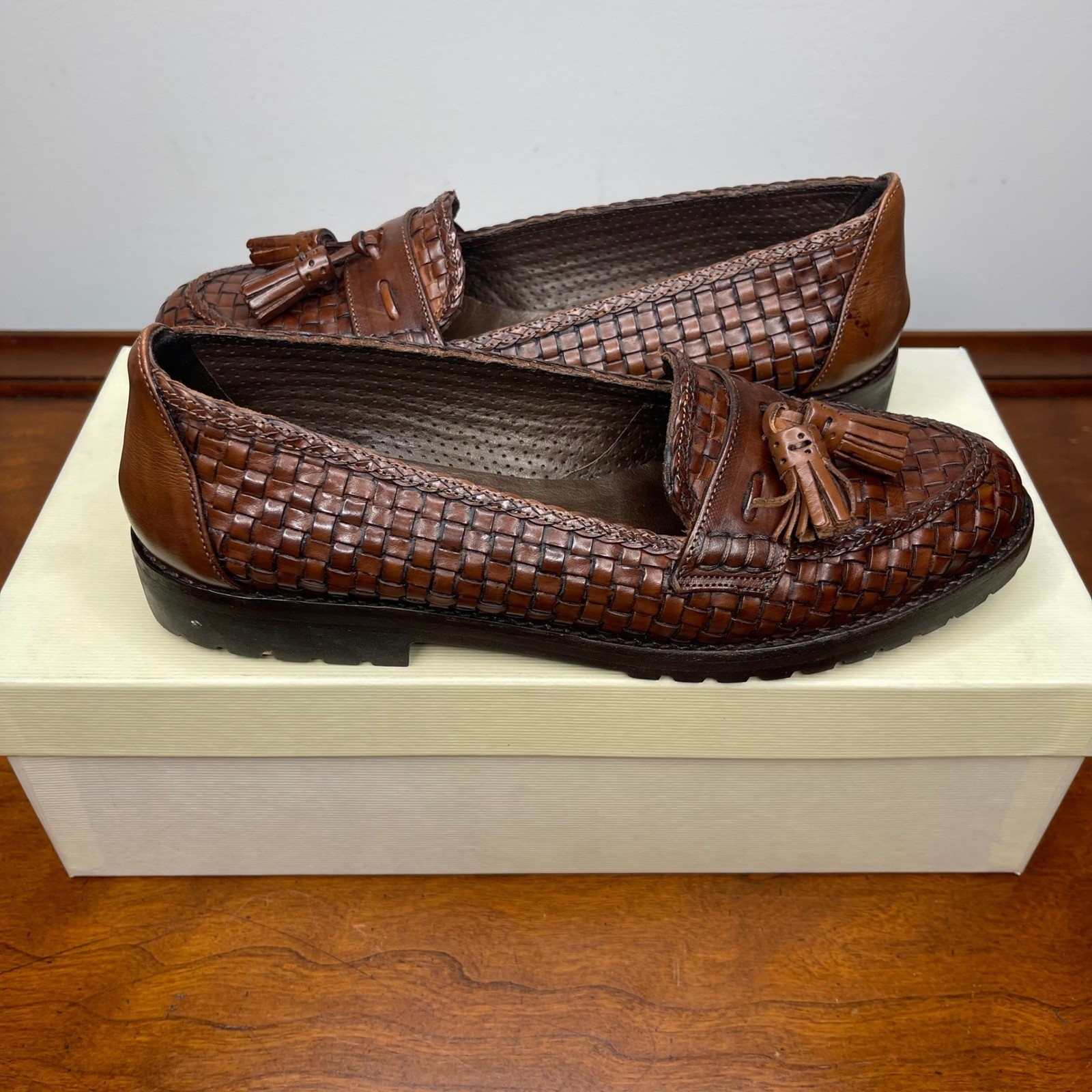 Vintage Italy Cole Haan Brina Linen Bone Woven Leather Tassel Loafers Brown 5.5B