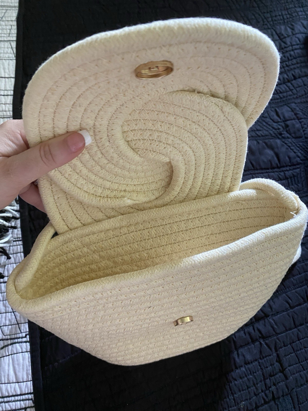 Ivory Woven Shoulder Bag w/ Shoulder Strap, Button Closure, Gold Hardware