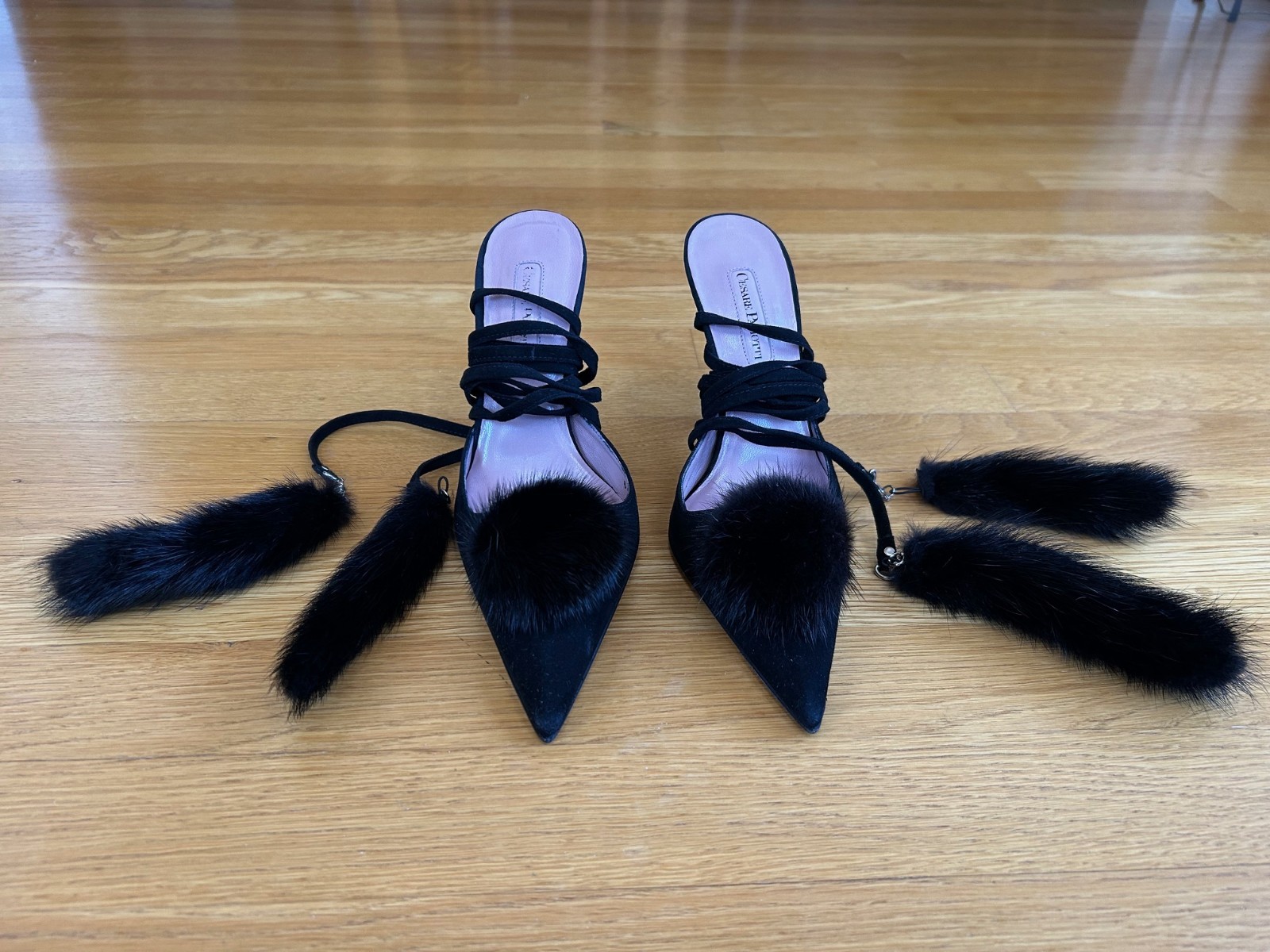 CESARE PACIOTTI Black Suede Pom-Pom Fur Tassels Sandals SZ 7.5 IT 37.5 Excellent
