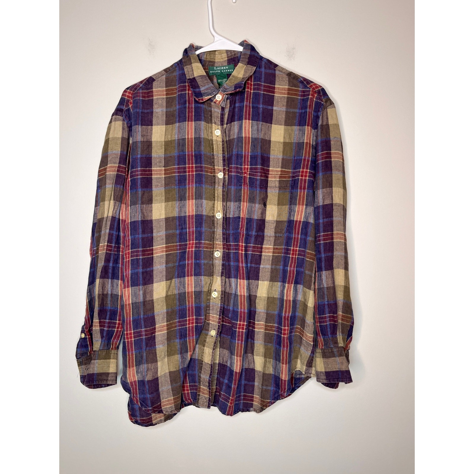 Lauren Ralph Lauren Earth Tones Fall Linen Plaid Madras Old Money Oxford Shirt M