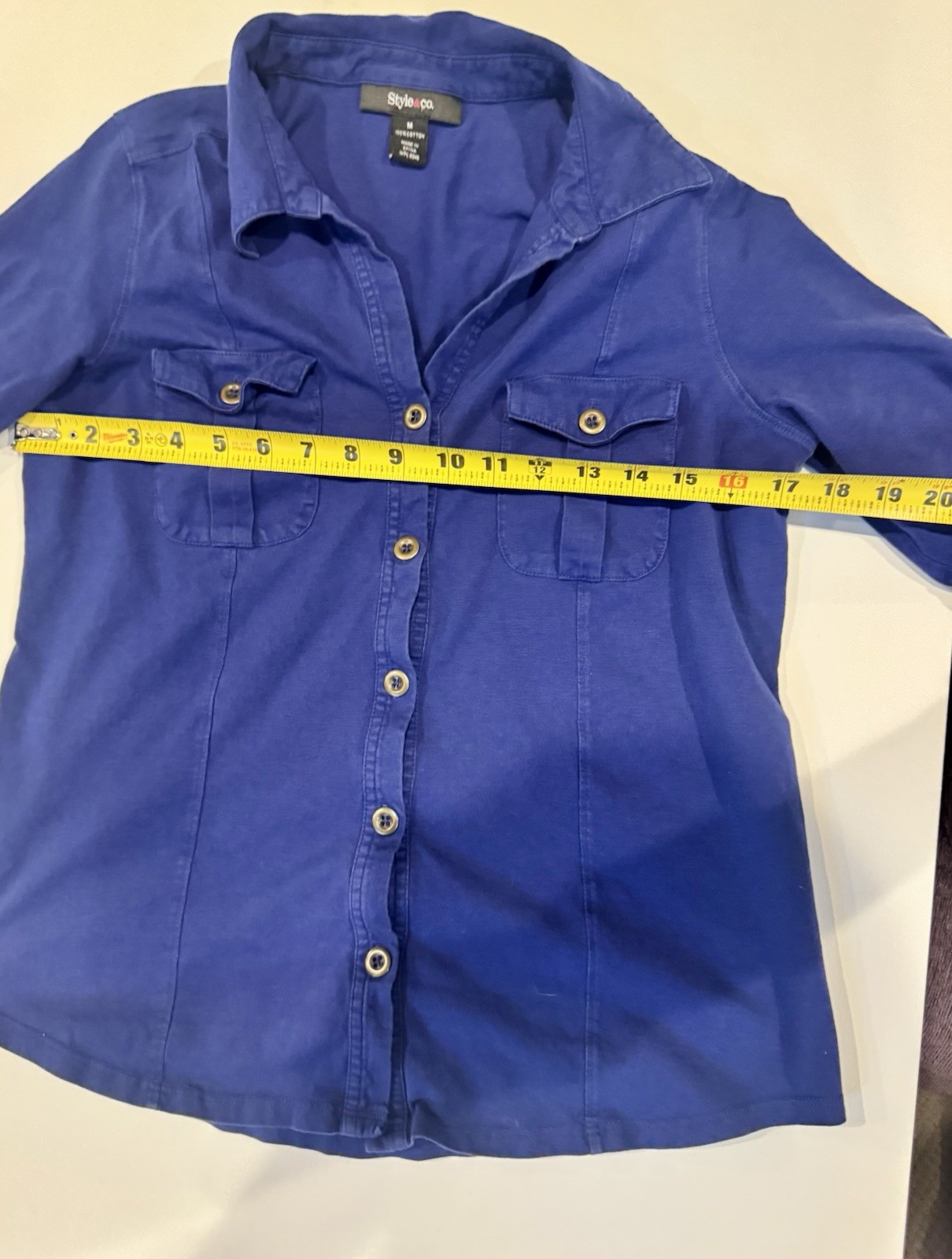 Style & Co. Women’s M Blue Solid Woven Cotton Collared Short Sleeve Button-Up