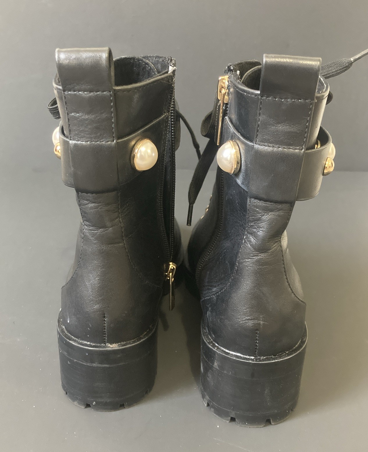 Karl Langerfeld Paris Combat Boot Black Pearl studded Lug Sole Size 7.5