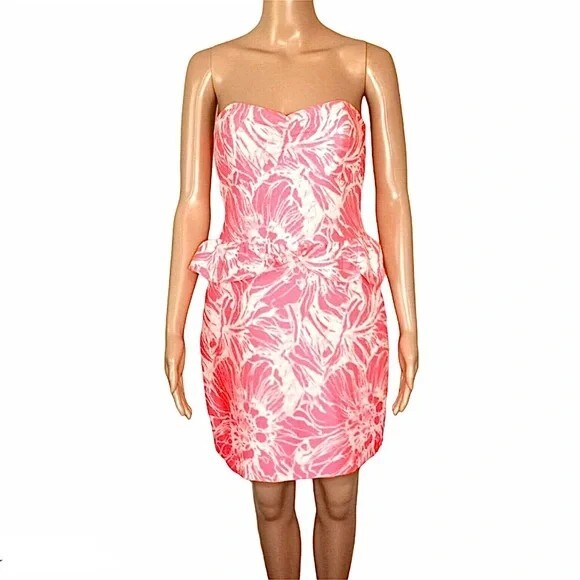Britt Ryan Womens Dress Size 2 Pink Floral Jacquard Mini Strapless Ruffle Front