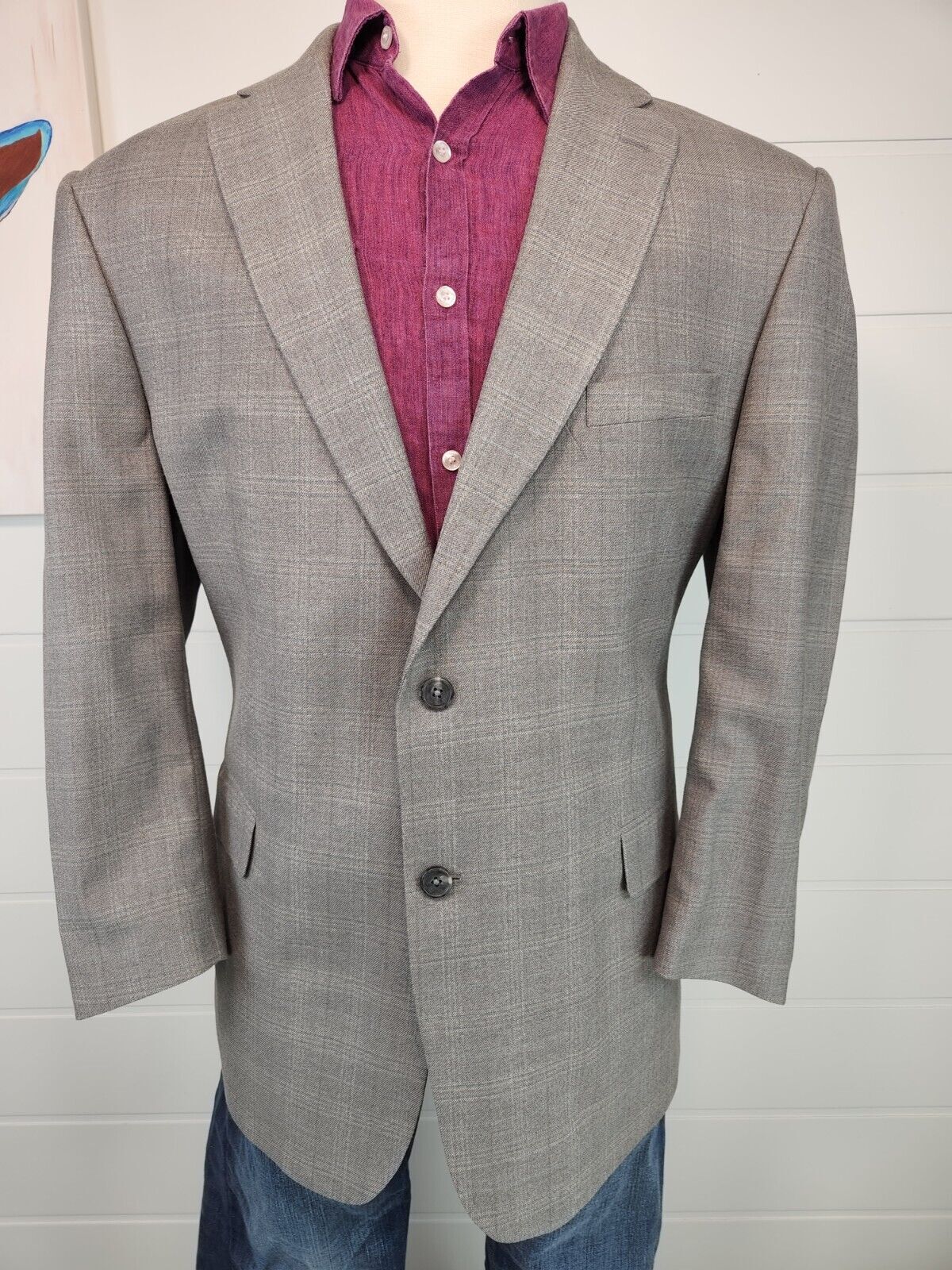 Jos A Bank Mens Two Button Blazer Signature Coll Grey Glen Check Silk Blend 46R