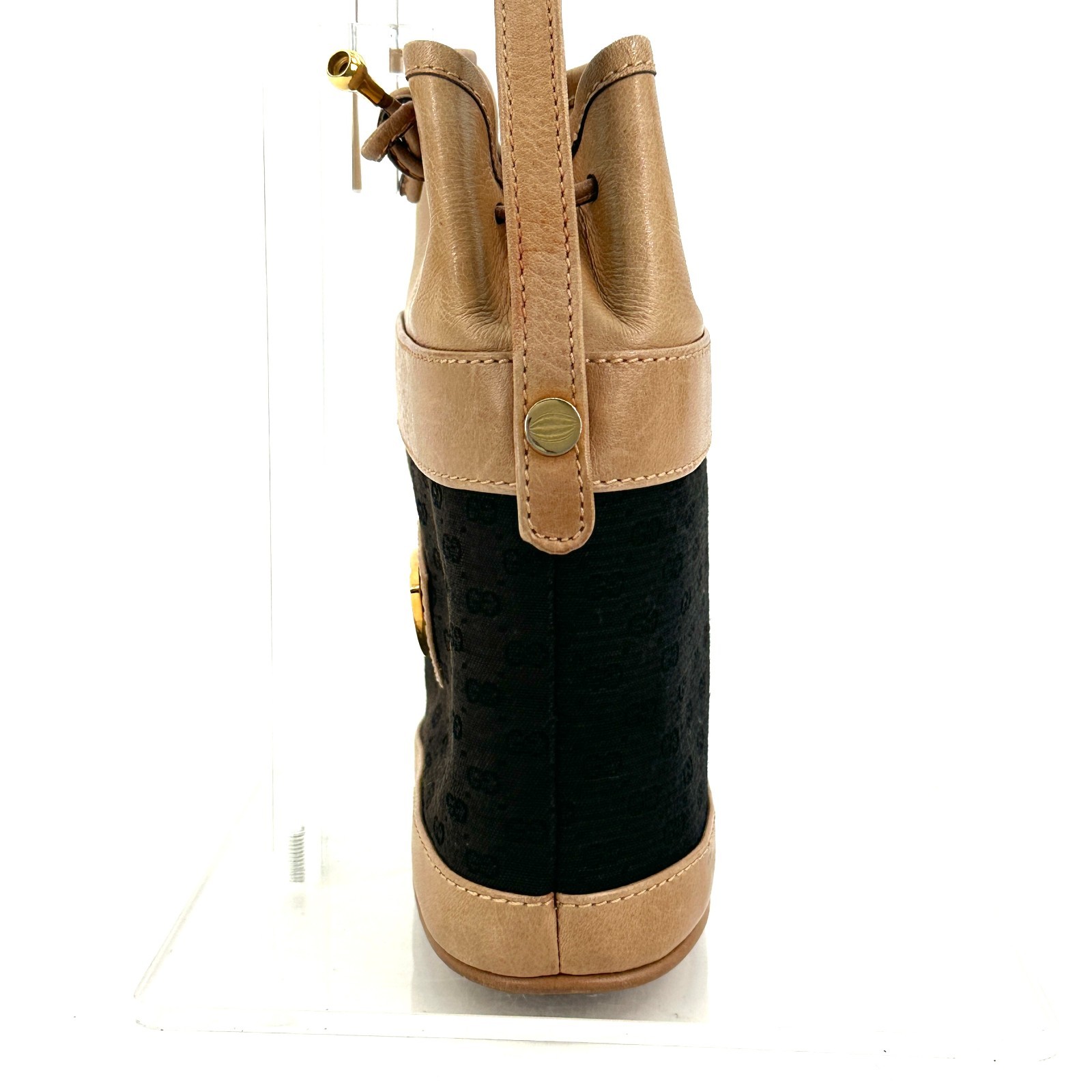 Gucci Vintage Black Brown Canvas Leather Drawstring Mini Bucket Bag Mcro GG Auth