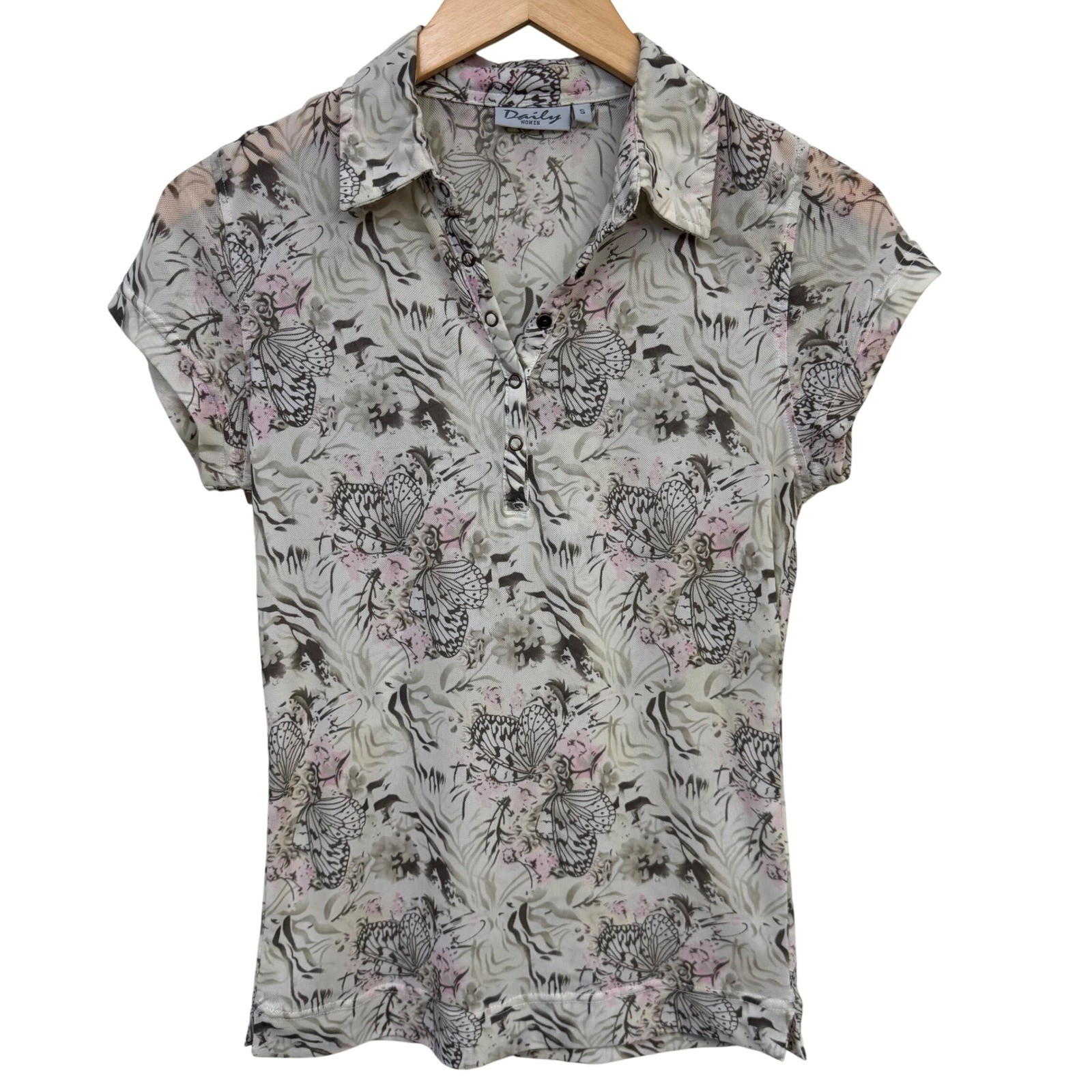 Womens Top Small Short Sleeve Butterfly Print Mesh Semi Sheer Polo Y2K Fairycore