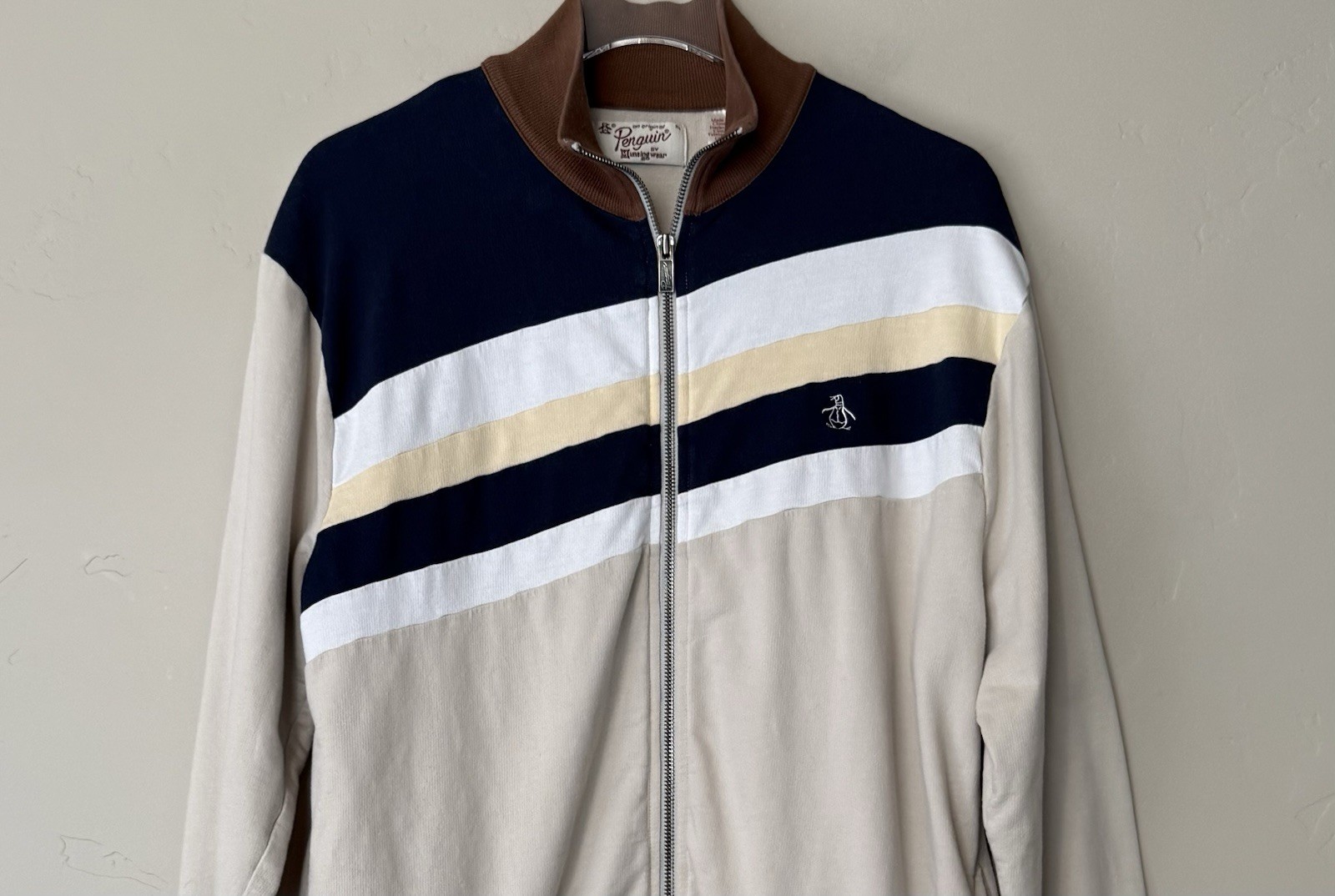 Original Penguin Jacket Mens XL Beige Navy Stripe Full Zip Track Colorblock