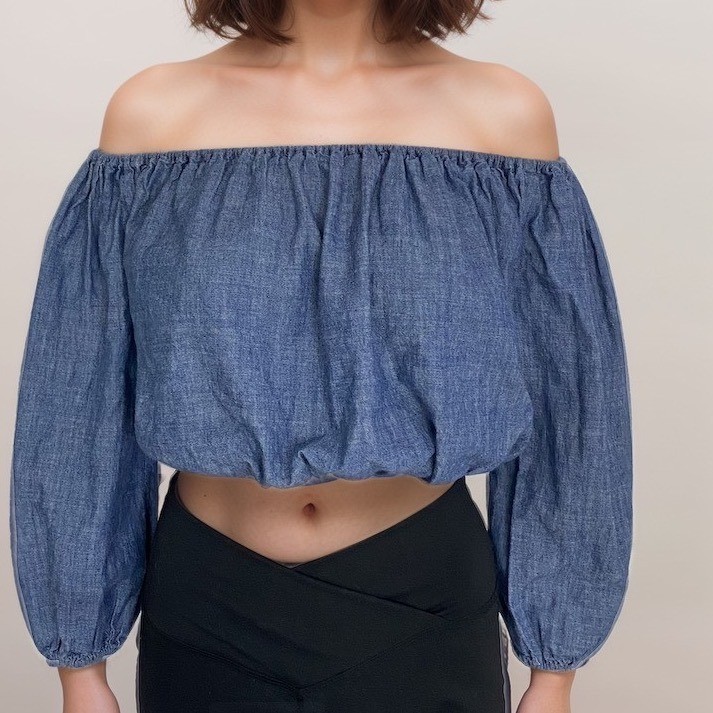Theory Blouse Top Women Sz S Blue Off-the-Shoulder Puff Sleeve Cropped Cotton