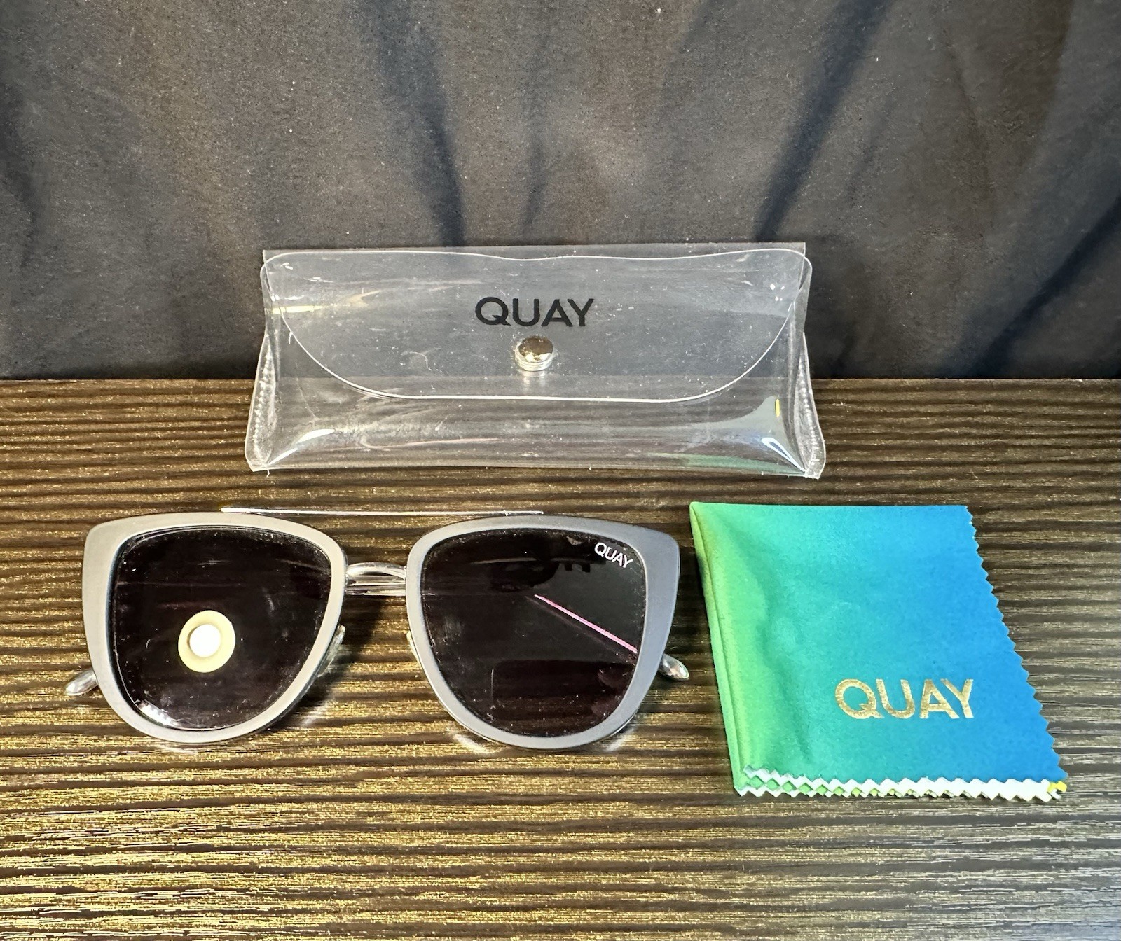 Quay Australia French Kiss Cat Eye Black & Silver Sunglasses, Case & Cloth 125mm