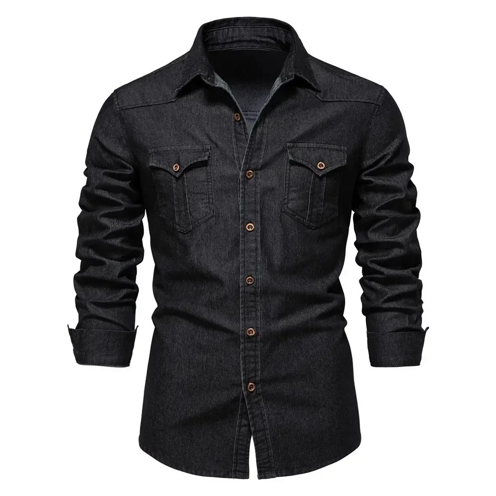 Mens Western Shirt Long Sleeve Denim Casual Cowboy Button Up Shirt
