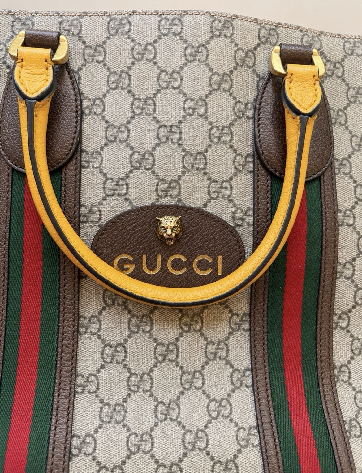 Gucci GG Pattern Web Stripe Tote Bag Zip Top Handle Beige Brown Gold
