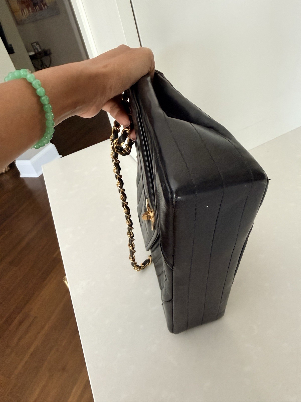 CHANEL Black Chevron Quilted Flap Shoulder Bag Chain Strap CC Turn Lock Gold