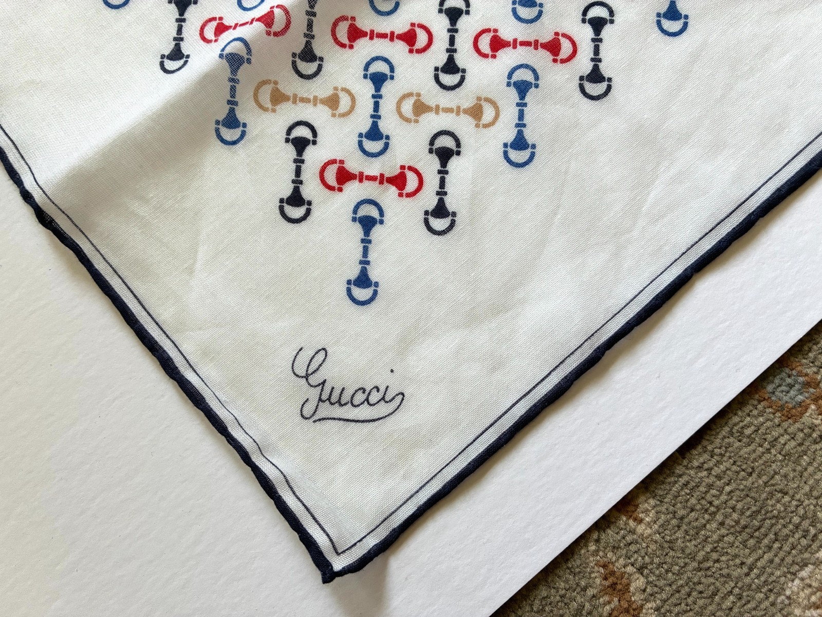 Vintage Gucci 100% Cotton Pocket Square /Handkerchief with Horsebit Pattern